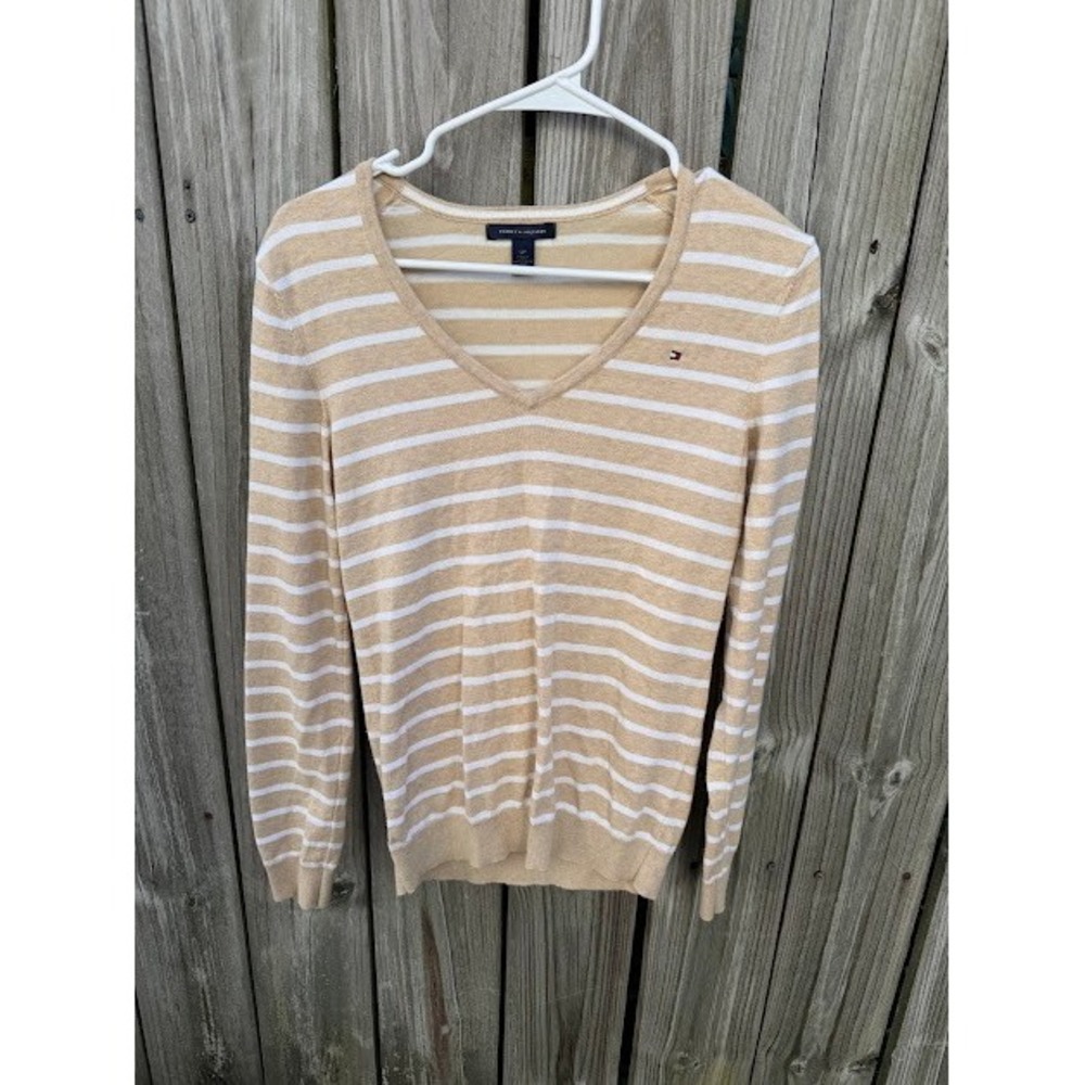 Preppy Coastal Tommy Hilfiger Sweater Small Tan White Striped V-Neck Pullover